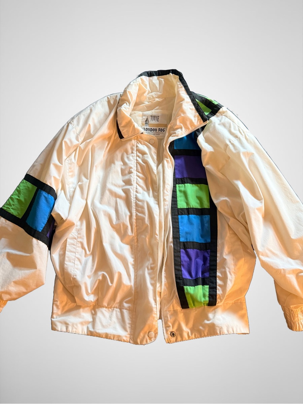 *VINTAGE* London Fog White Windbreaker Jacket with Blue, Purple & Green Accent
